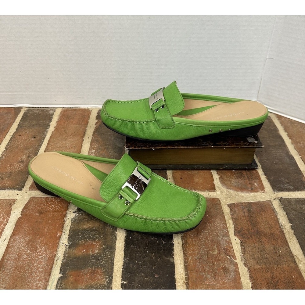 Antonio Melani Green Leather Slip-On Shoes Square Toe Mule Flats Women's 10